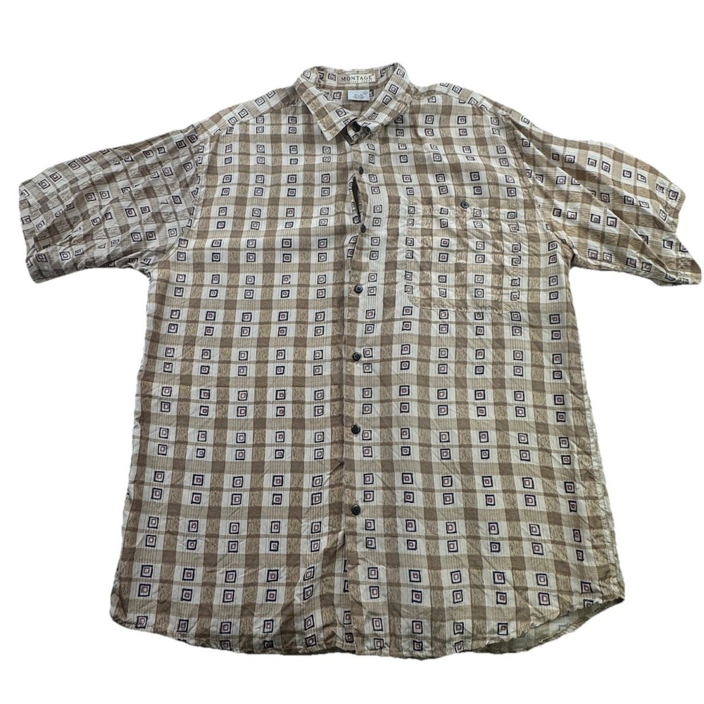 Montage Pour Homme 100% Silk Short Sleeve Button Up Mens‎ Shirt Size Large